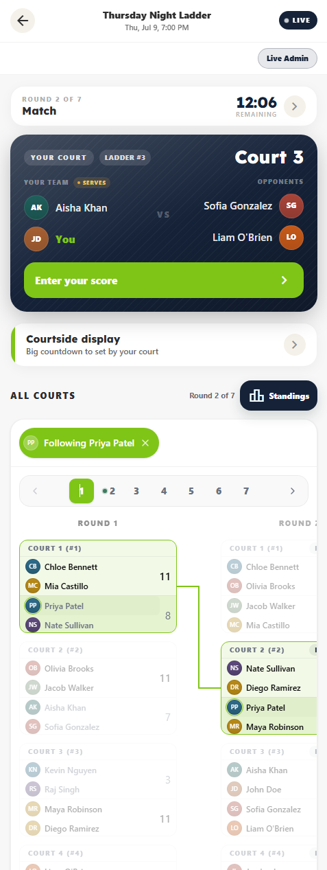 Live event view on a phone — your court, the countdown, and every other court